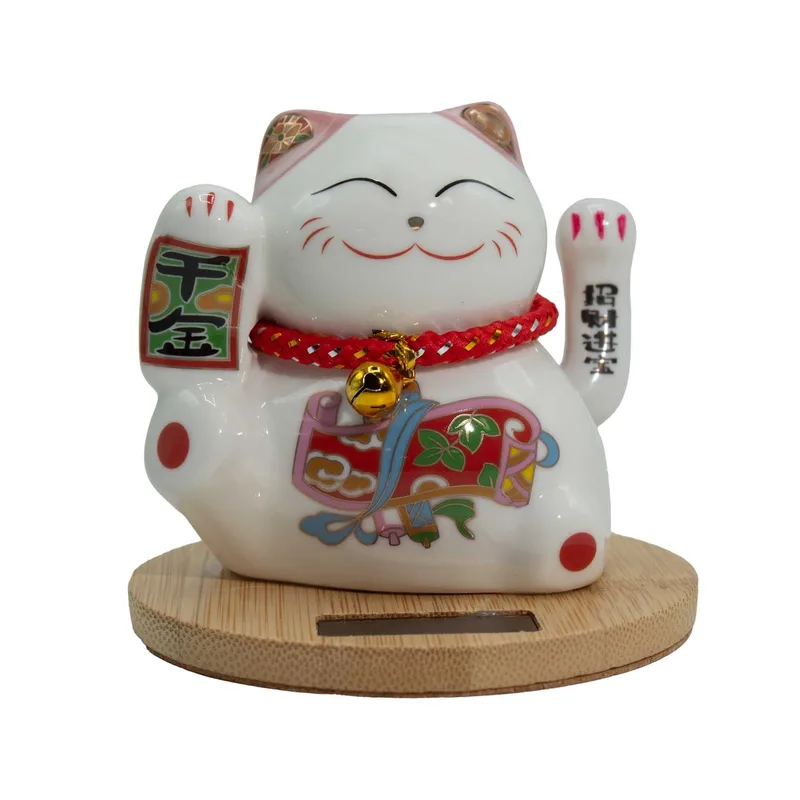 Solar Money Cat Wooden Base Pink moving Hand
