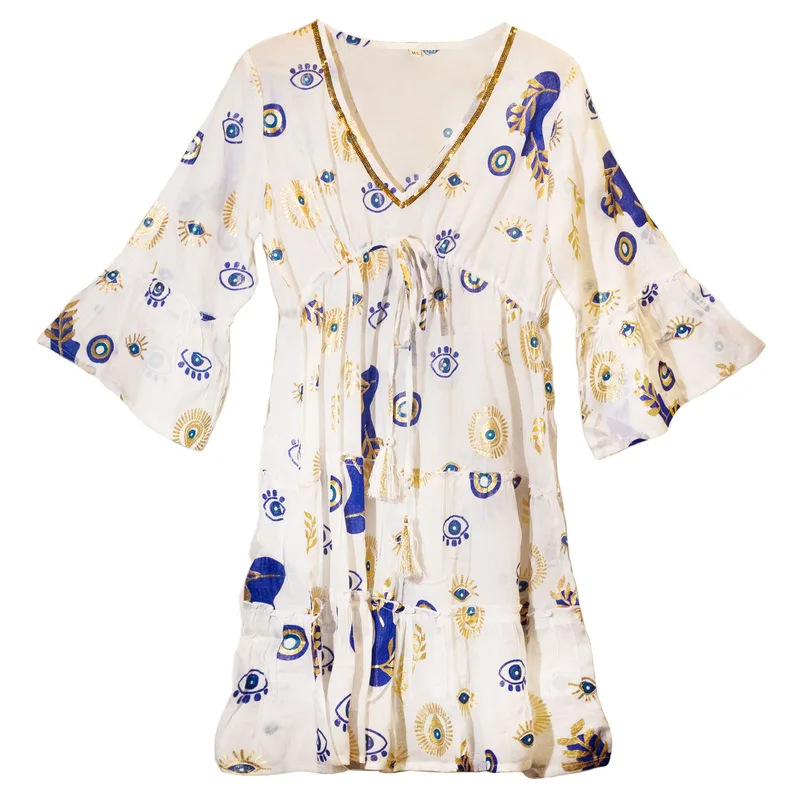 Nomad Sari Evil Eye Dress – Bianco Blu & Oro – Size M/L