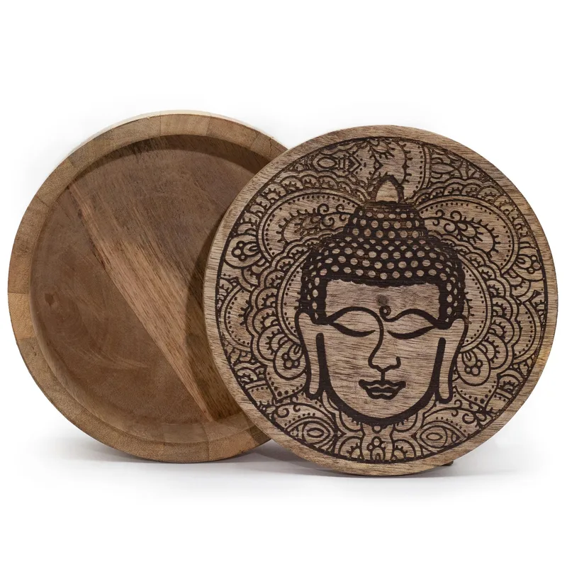 Big Round Scatola 17.5x7.5cm Buddha Face Nero Engraved