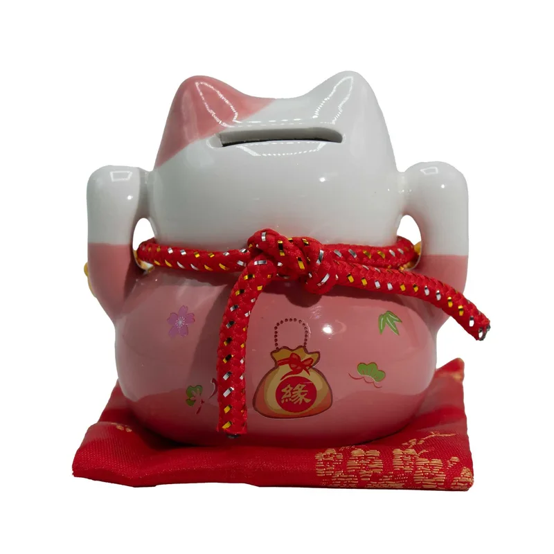 Ceramic Money Cat Bank Pink on Cushion