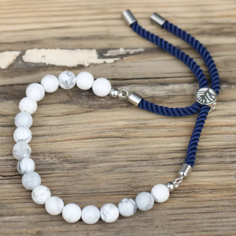 925 Argento Plated Gemstone Navy String Bracelet Bianco Howlite — foto 2