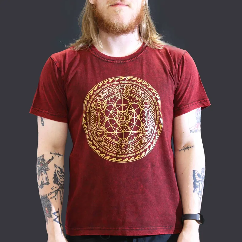 Nomad Sari Stonewashed Cotton T-Shirt – Chakra – Maroon – Large