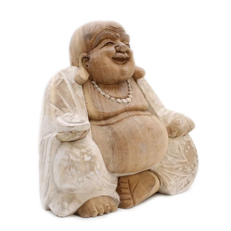 Hand Carved Buddha Statue 30cm Happy Whitewash — foto 5