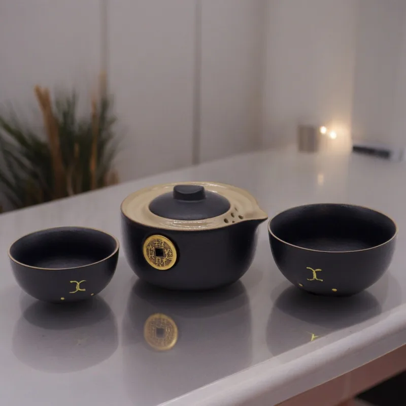 Money Cat Teapot Set Two Cups Travel Pack Nero — foto 2
