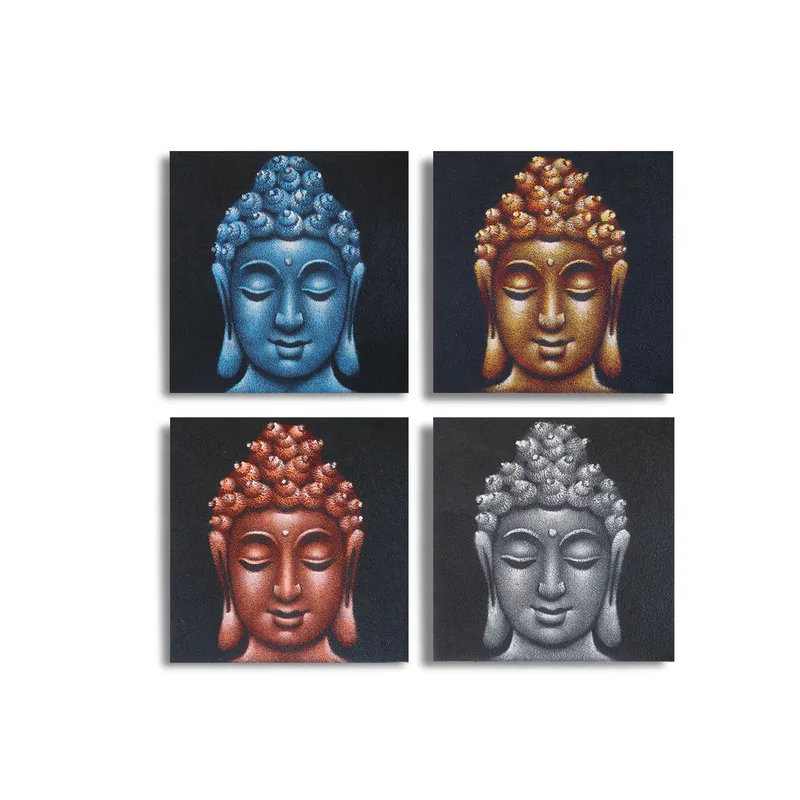 Set di 4 teste di Buddha con dettaglio sabbia, 30x30 cm