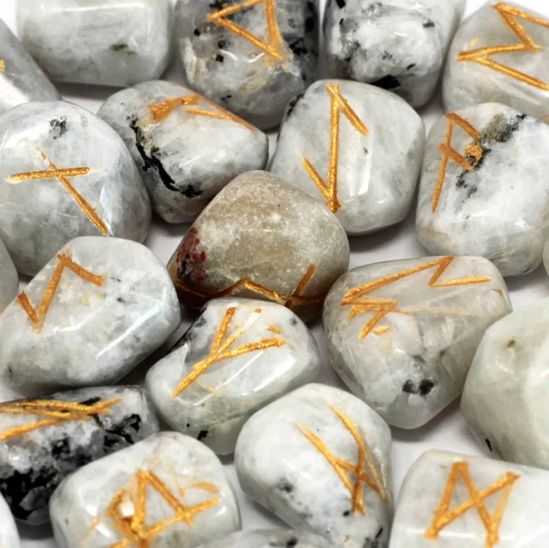 Runes Stone Set in Pouch Rainbow Moonstone