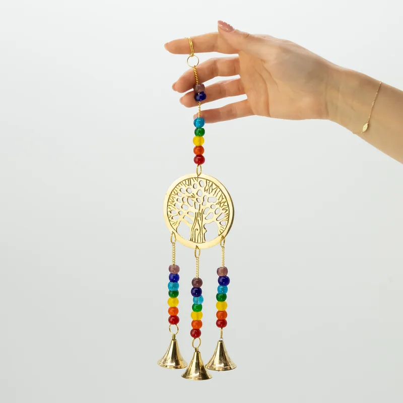 Indian Chimes Brass Albero of Life with Chakra Beads 3 Bells 6.5x31cm