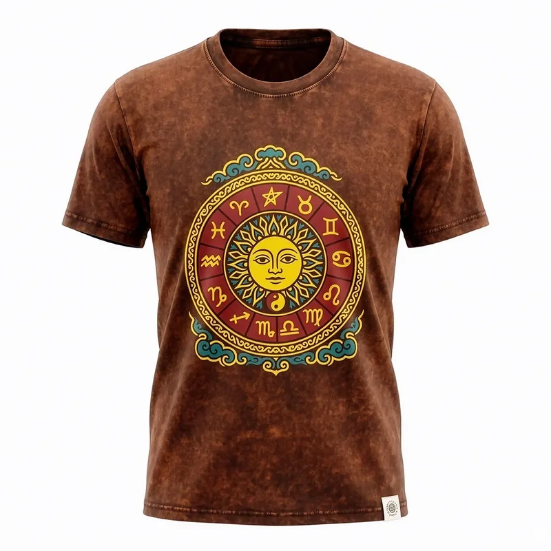 Nomad Sari Stonewashed Cotton T-Shirt Sun & Zodiac Brown Large