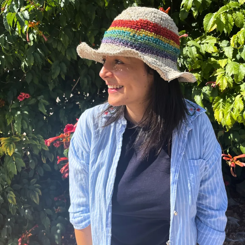 Hand-Knited Hemp & Cotton Boho Festival Hat Rainbow