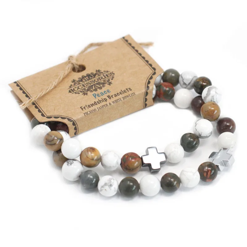 Set di 2 Braccialetti Amicizia con Pietre Preziose – Pace – Giada Picasso e Calcitto Bianco — foto 2