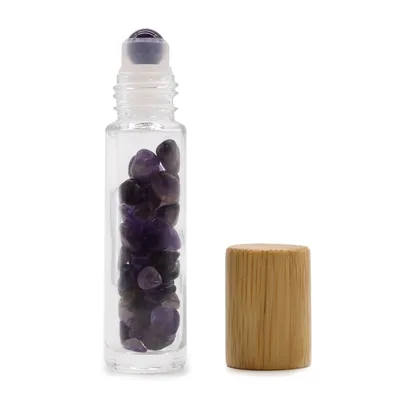 Olio Roller Bottiglia con Pietra Preziosa – Amethyst – Cappuccio in Legno + Punta Roller in Pietra Preziosa per Flacone da 5 ml – Amethyst