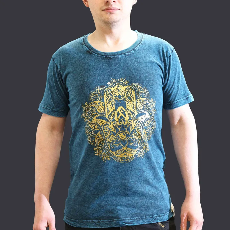 Nomad Sari Stonewashed Cotton T-Shirt – Hamsa – Blu – Small