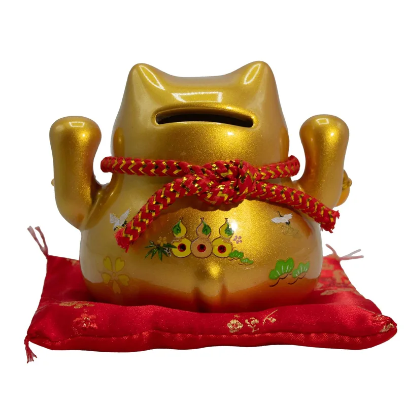 Ceramic Money Cat Bank Oro on Cushion