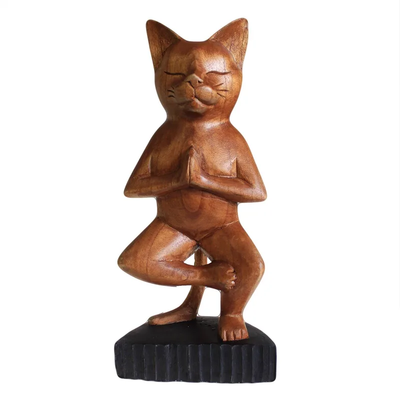 Handcarved Yoga Cat One Leg