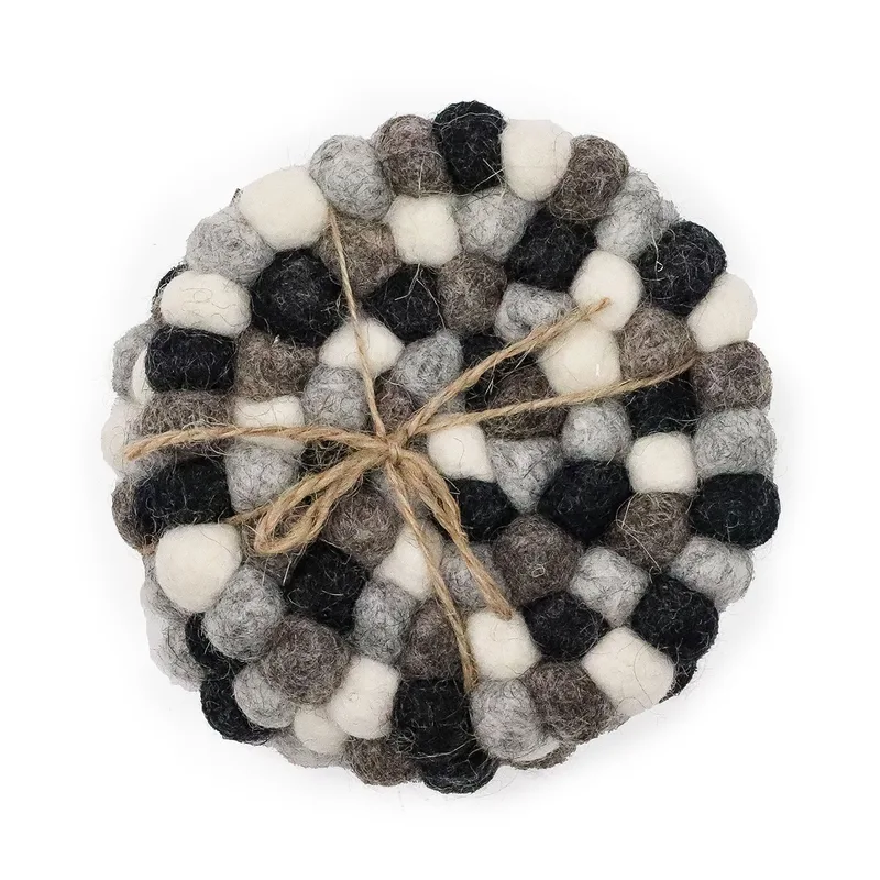 Felt Ball Round Coasters 10cm Multi Grey colour Set of 4)