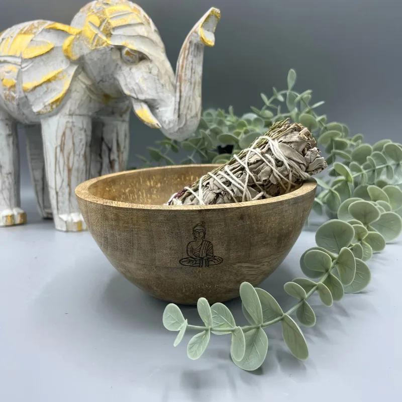 Wooden Smudge and Ritual Offerings Bowl Buddha 14x7cm