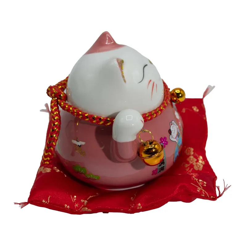Ceramic Money Cat Moving Hand Pink on Cushion