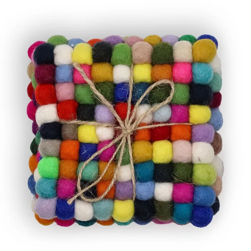 Felt Ball Square Coasters 10cm Multi Grey colour Set of 4)