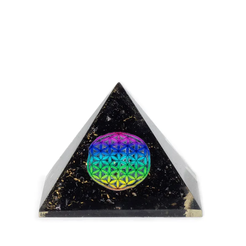 Mini Piramide di Cristalli Organiti 5,5x4,5cm – Fiore della Vita – Tranches di Turchese Nero