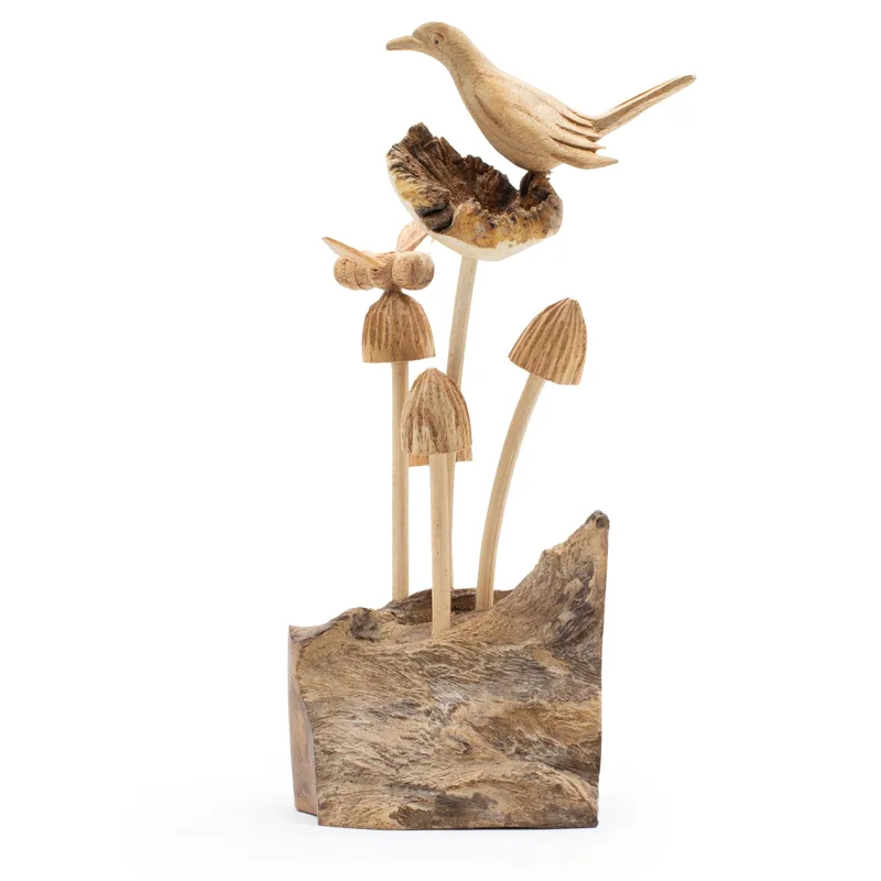 Fatto a mano Parasite Legno Art Carving Bird & Bee on Mushrooms
