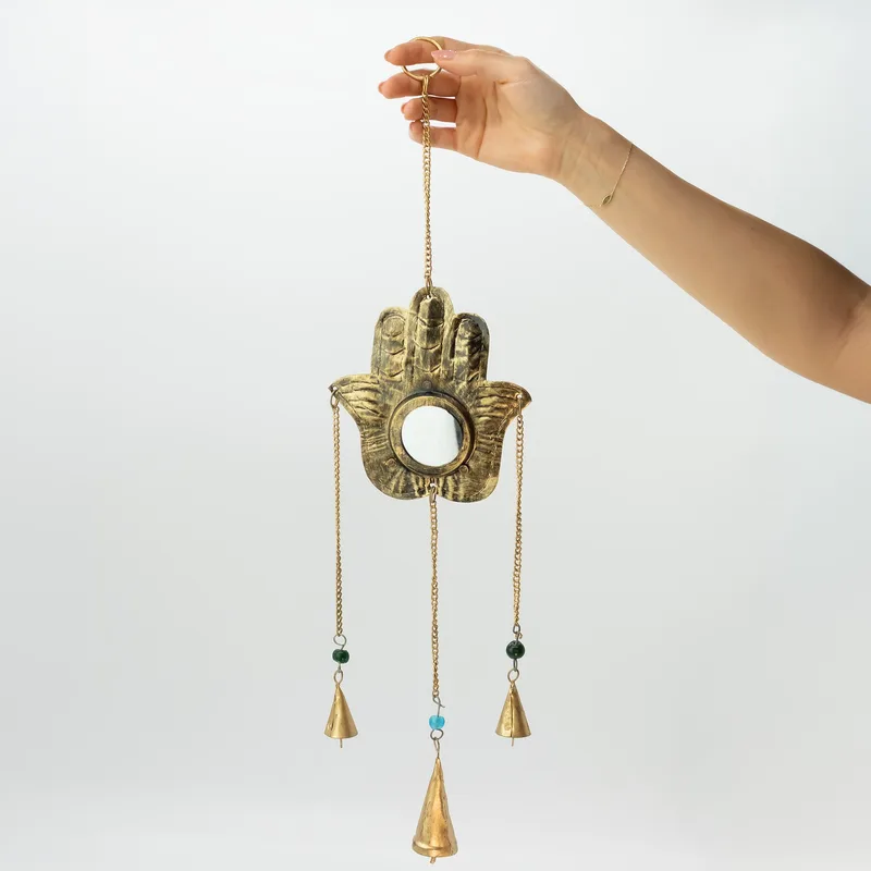 Indian Chimes Hamsa Sm Mirror 3 Bells 14x55cm