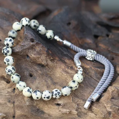 925 Argento Plated Gemstone Charcoal String Bracelet Dalmation Jasper — foto 4