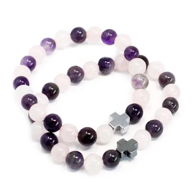 Set of 2 Gemstones Friendship Bracelets Love Amethyst & Rosa Quartz — foto 4