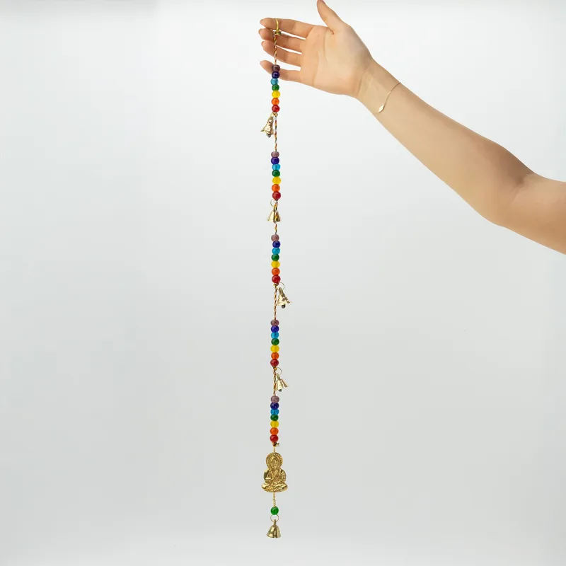 Indian Chimes Brass Buddha with Chakra Beads String Bells 53cm