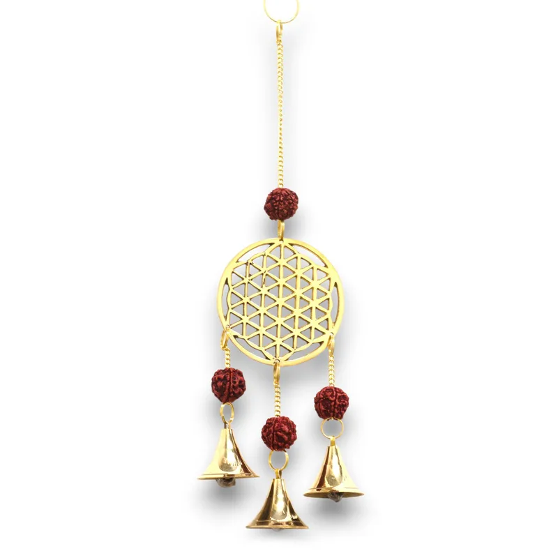 Indian Chimes Brass Fiore of Life with Rudraksha Beads 3 Bells 6x27cm — foto 1