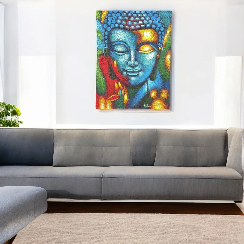 Buddha Painting Blu & Oro Fiore 75x55cm — foto 1