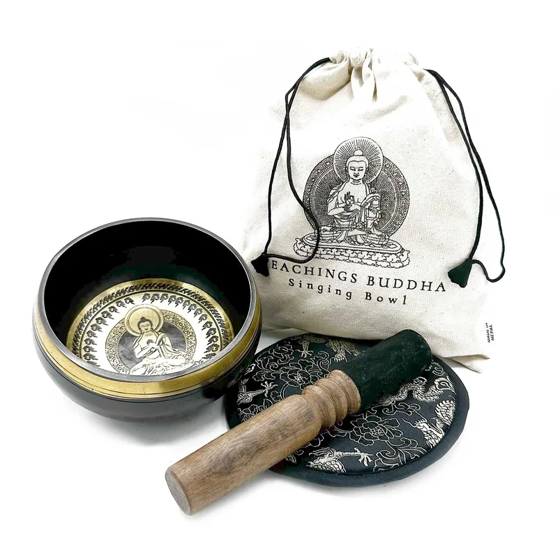 Set Regalo Ciotola Tibetana Martellata a Mano e Incisa – 14cm – Insegnamenti del Buddha