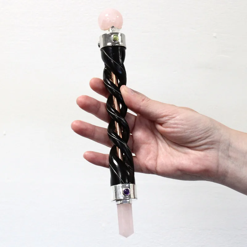 Spiral Carving Healing Wand Copper Pipe Rosa Quartz — foto 3