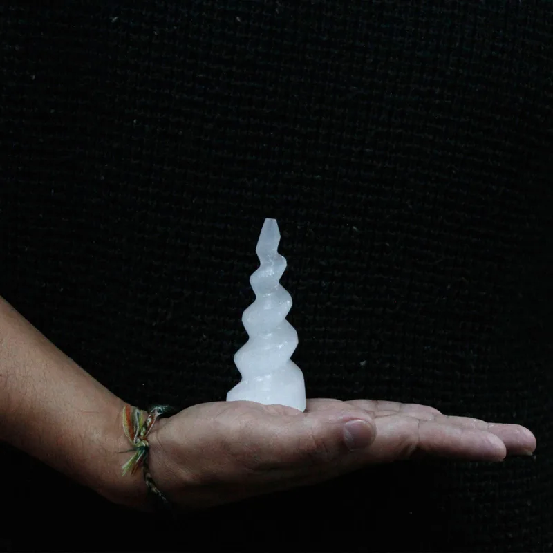Selenite Spiral Unicorn Horn Tower 10 cm