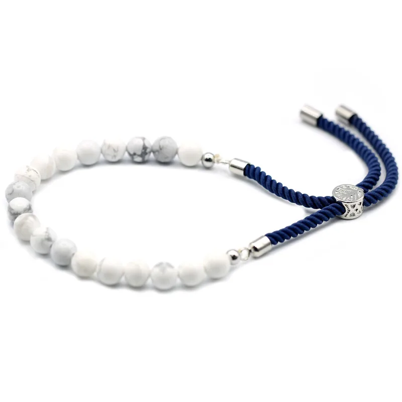 925 Argento Plated Gemstone Navy String Bracelet Bianco Howlite