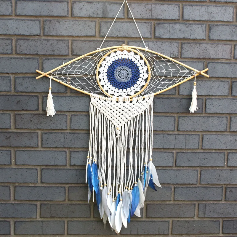 Protection Dream Cather Lrg Macrame Eye White/ Blue/Grey