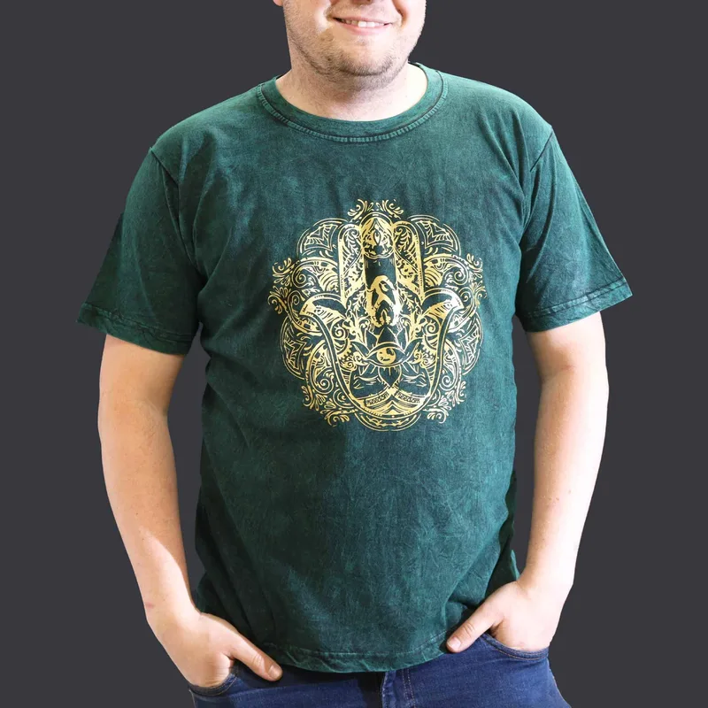 Nomad Sari Stonewashed Cotton T-Shirt – Hamsa – Verde – XL