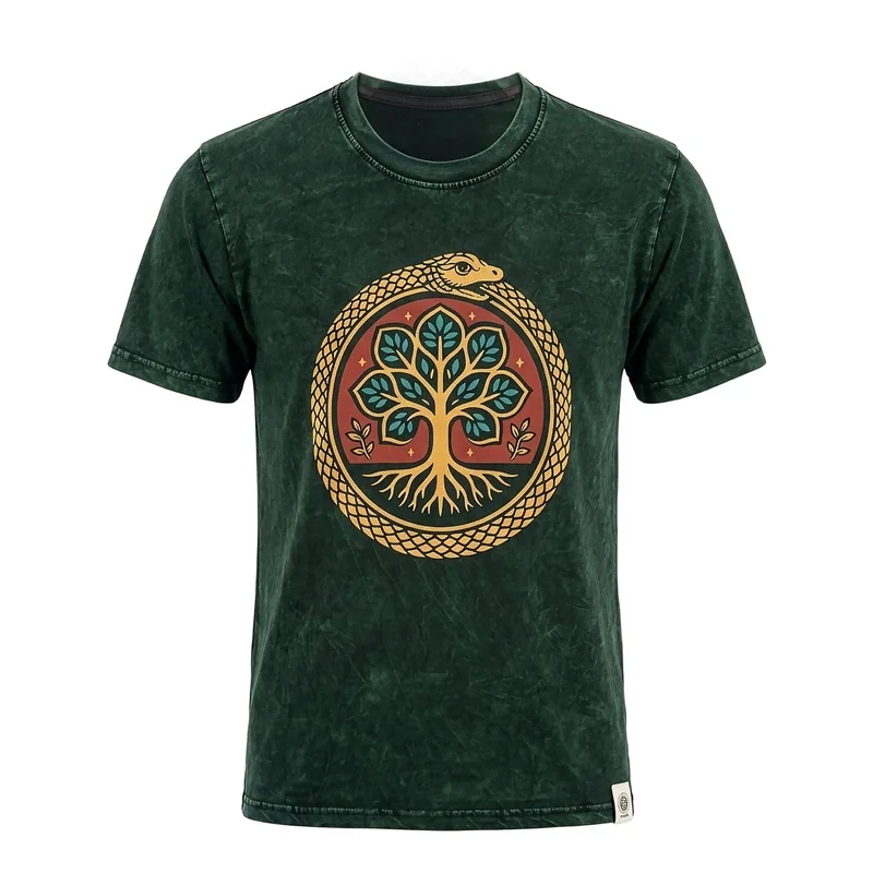 Nomad Sari Stonewashed Cotton T-Shirt Albero of Life Verde Small
