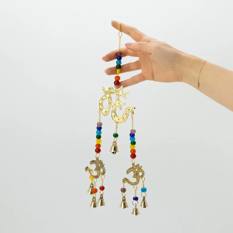 Indian Chimes Brass Om with Chakra Beads 7 Bells 9.5x32cm