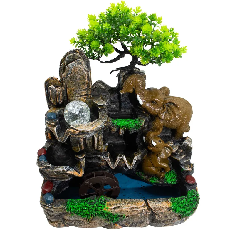 Elephants in Love Tabletop Water Feature with Crystal Ball, Light & Watermill