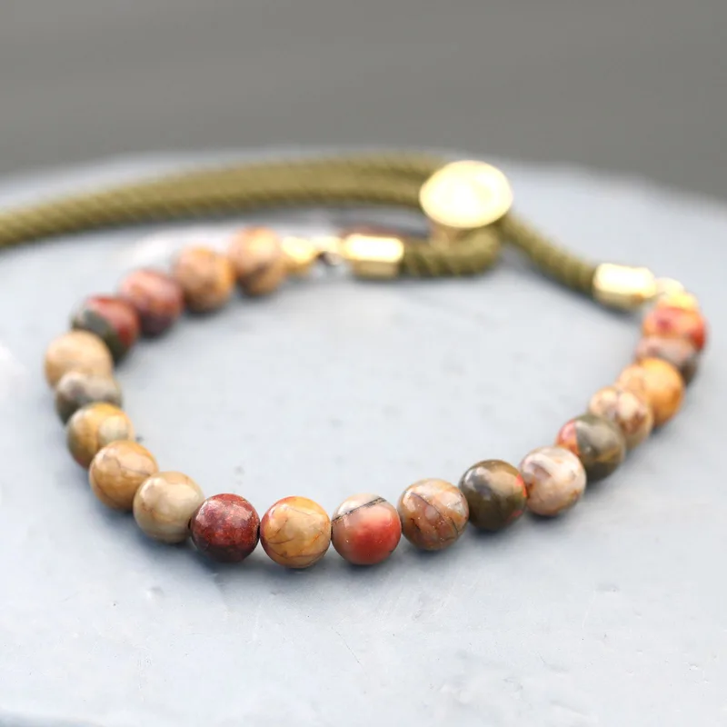 18K Oro Plated Gemstone Moss String Bracelet Picasso Jasper — foto 4