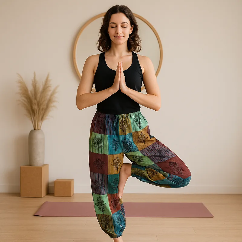 Nomad Sari Mushroom Pants Block Print Designs -Green Tones S/M