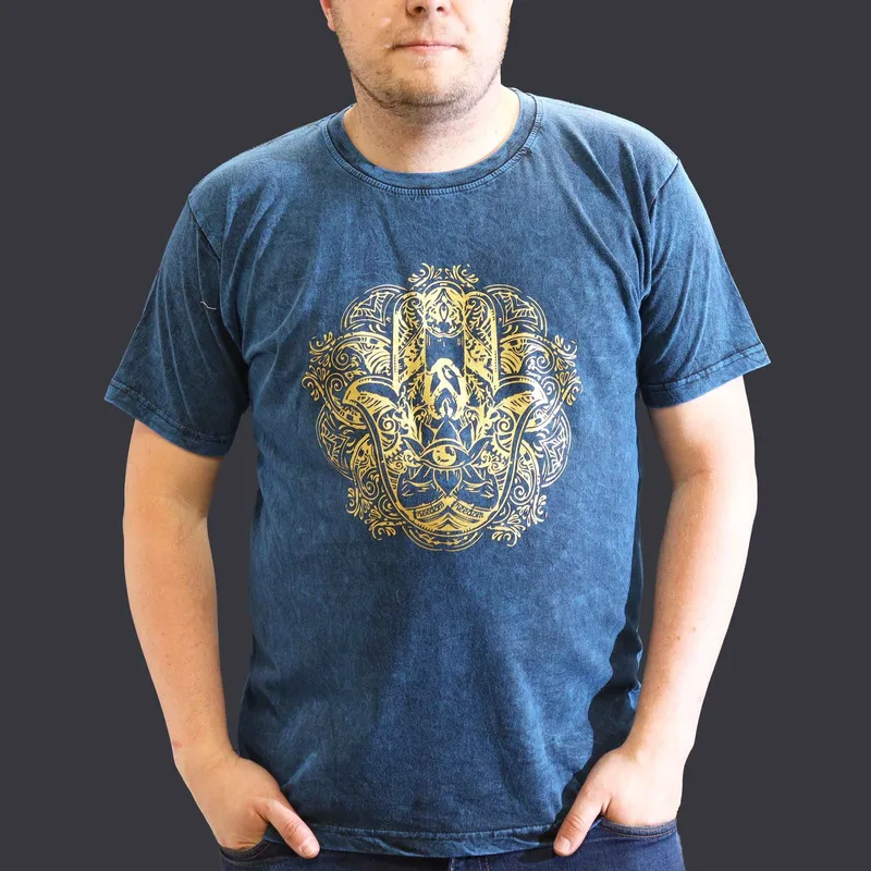 Nomad Sari Stonewashed Cotton T-Shirt – Hamsa – Blu – XL