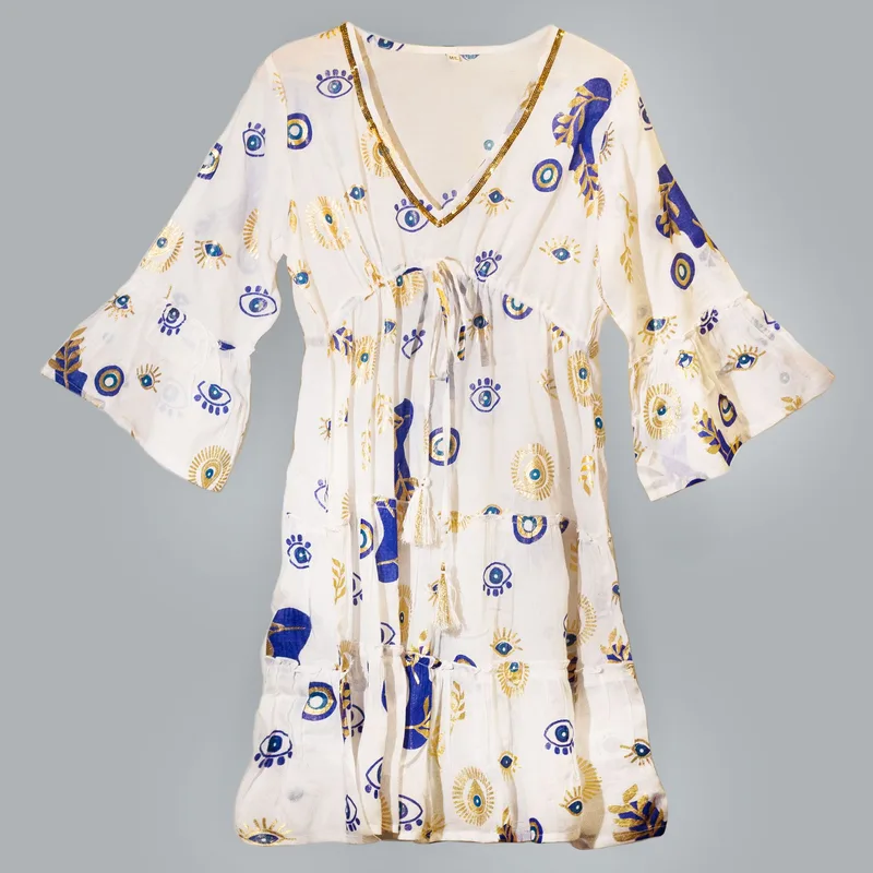 Nomad Sari Evil Eye Dress – Bianco Blu & Oro – Size M/L — foto 3