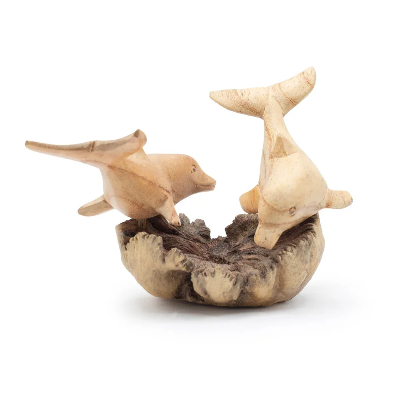 Fatto a mano Parasite Legno Art Carving Dolphins in Play