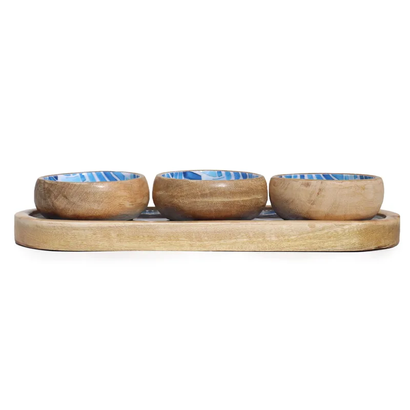 Mango Legno Tray with 3 Bowls Blu Stripes