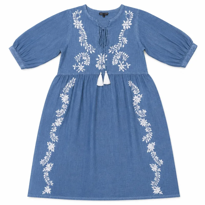 Nomad Sari On the Med Collection - Dress - Dusky Blu with Embroidery & Tassels (L-XL)