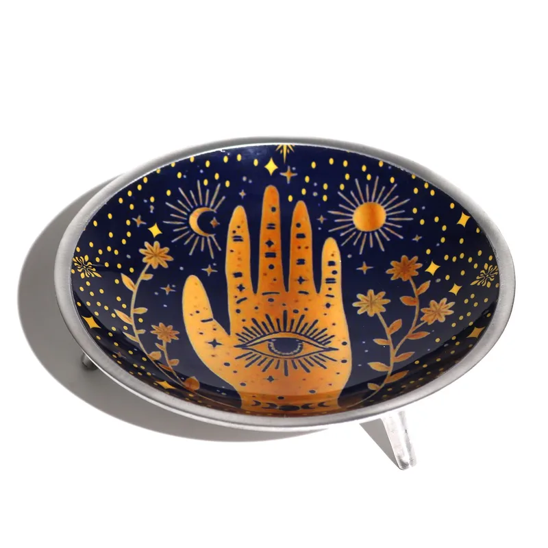 Triple Leg Enamelled Offering Plate Hamsa Midnight Blu