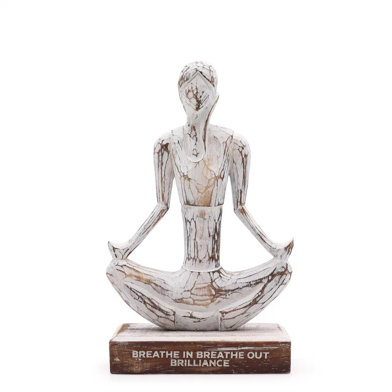Wooden Yoga Lady Whitewash Easy Pose "Breathe in Breathe out Brilliance"