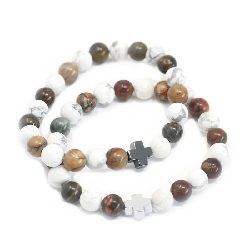 Set di 2 Braccialetti Amicizia con Pietre Preziose – Pace – Giada Picasso e Calcitto Bianco — foto 5