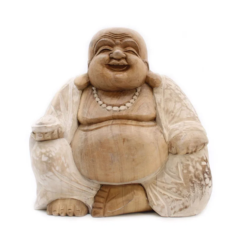 Hand Carved Buddha Statue 30cm Happy Whitewash